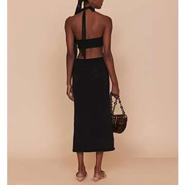 Ekaliy Sexy Knitted Maxi Dress - Halter Neck Cut Out Style