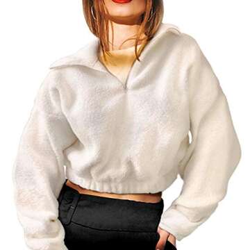 ZAFUL Women's Sherpa Half Zip Pullover Fleece Plaid Leopard Cropped Sweatshirts