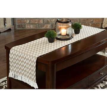 Table Runner Cotton Farmhouse Boho 14x72 in, Table Décor for Kitchen or Dining, Tan Cloth Woven Table Runners