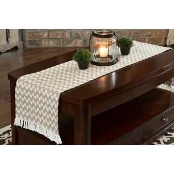 Table Runner Cotton Farmhouse Boho 14x72 in, Table Décor for Kitchen or Dining, Tan Cloth Woven Table Runners