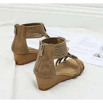 FRALOSHA Wedge Sandals for Women Open Toe Casual Summer Roman High Heel Breathable Beach Sandals (Brown 5)