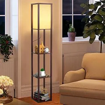 watrue Floor Lamp with Shelves, Shelf Floor Lamp for Living Room, Modern Tall Corner Shelves Floor Lamp for Bedroom Office, White Linen Shape, 3 Color Temperature LED Blub.