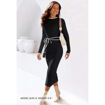 MEROKEETY Women's 2024 Long Sleeve Midi Sweater Dress Fall Mock Neck Color Block Tie Waist Bodycon Knit Dress, Black, XL