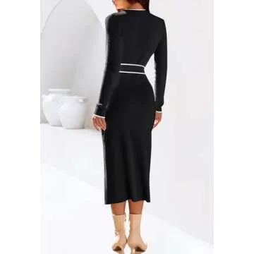 MEROKEETY Women's 2024 Long Sleeve Midi Sweater Dress Fall Mock Neck Color Block Tie Waist Bodycon Knit Dress, Black, XL