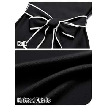 MEROKEETY Women's 2024 Long Sleeve Midi Sweater Dress Fall Mock Neck Color Block Tie Waist Bodycon Knit Dress, Black, XL