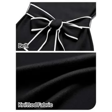 MEROKEETY Women's 2024 Long Sleeve Midi Sweater Dress Fall Mock Neck Color Block Tie Waist Bodycon Knit Dress, Black, XL