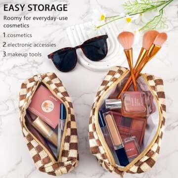 ZLFSRQ 2Pcs Checkered Makeup Bag for Women Pencil Pouch Travel Small Cosmetic Bag Set Cute Makeup Po...