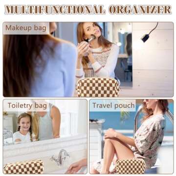 ZLFSRQ 2Pcs Checkered Makeup Bag for Women Pencil Pouch Travel Small Cosmetic Bag Set Cute Makeup Pouch Purse Pencil Case Pencil Bag Zippered Toiletry Bag Organizer Preppy Trendy Storage Bag(Brown)