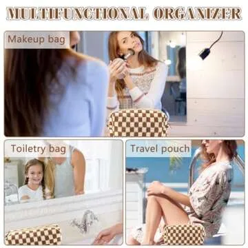 ZLFSRQ 2Pcs Checkered Makeup Bag for Women Pencil Pouch Travel Small Cosmetic Bag Set Cute Makeup Pouch Purse Pencil Case Pencil Bag Zippered Toiletry Bag Organizer Preppy Trendy Storage Bag(Brown)