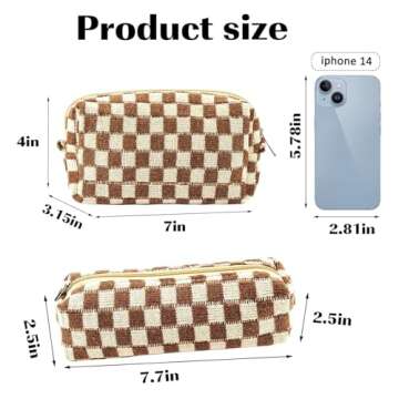 ZLFSRQ 2Pcs Checkered Makeup Bag for Women Pencil Pouch Travel Small Cosmetic Bag Set Cute Makeup Pouch Purse Pencil Case Pencil Bag Zippered Toiletry Bag Organizer Preppy Trendy Storage Bag(Brown)