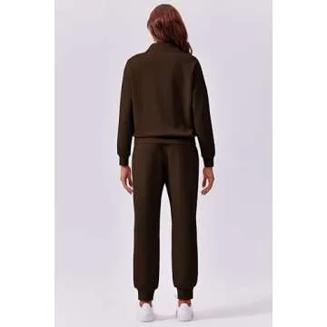 PINSPARK Travel Outfits for Women 2024 2 Piece Matching Sets Long Sleeve Tracksuits Lounge Set Half Zip Jogger Sets with Pockets,Coffee Large