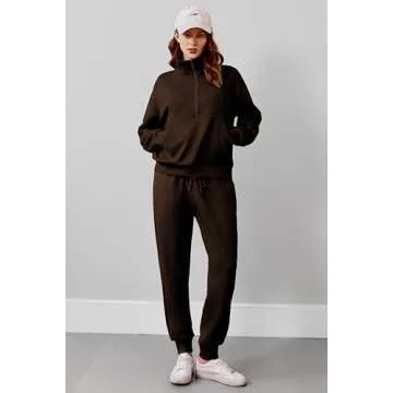 PINSPARK Travel Outfits for Women 2024 2 Piece Matching Sets Long Sleeve Tracksuits Lounge Set Half Zip Jogger Sets with Pockets,Coffee Large