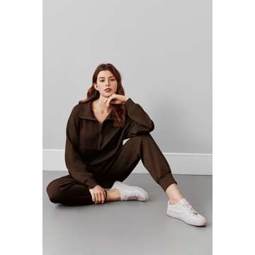PINSPARK Travel Outfits for Women 2024 2 Piece Matching Sets Long Sleeve Tracksuits Lounge Set Half Zip Jogger Sets with Pockets,Coffee Large