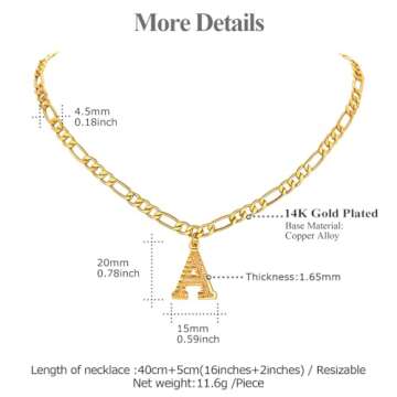 FOCALOOK Initial Necklaces for Women Gold Plated A Necklace Initial Figaro Chain for Men Teens 18 Inch (A)
