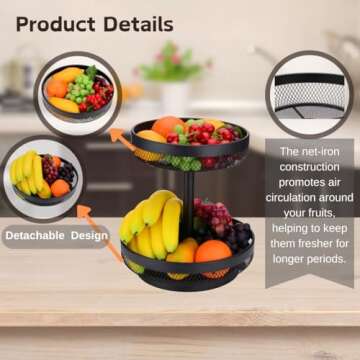 IBERG 2 Tier Fruit Basket Mesh Fruit Bowl - Basket Stand for Fruits Vegetables Bread Snacks (Black)