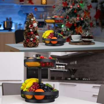 IBERG 2 Tier Fruit Basket Mesh Fruit Bowl - Basket Stand for Fruits Vegetables Bread Snacks (Black)