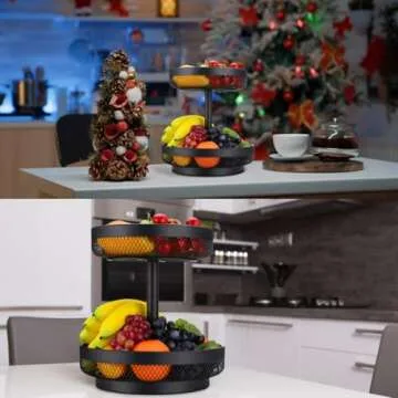 IBERG 2 Tier Fruit Basket Mesh Fruit Bowl - Basket Stand for Fruits Vegetables Bread Snacks (Black)