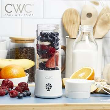 COOK WITH COLOR Mini Portable Blender - 250W Power, 12oz Capacity, Stainless Steel Blade, Wireless/USB Rechargeable, Creme