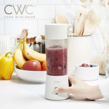 COOK WITH COLOR Mini Portable Blender - 250W Power, 12oz Capacity, Stainless Steel Blade, Wireless/USB Rechargeable, Creme