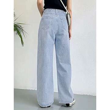 HDLTE Women Wide Leg Jeans High Waist Baggy Jeans Loose Boyfriends Jeans Blue Washed,Sky Blue