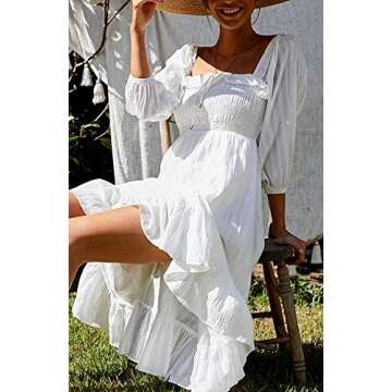 SAUKOLE Women's Summer Long Sleeve Strapless Ruffle Off The Shoulder Swing Cocktail Party Dress L White