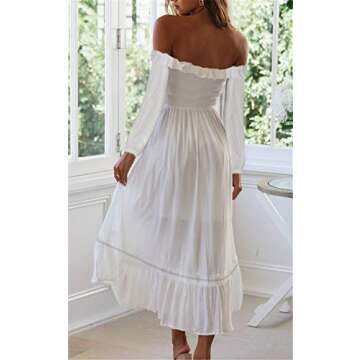 SAUKOLE Women's Summer Long Sleeve Strapless Ruffle Off The Shoulder Swing Cocktail Party Dress L White