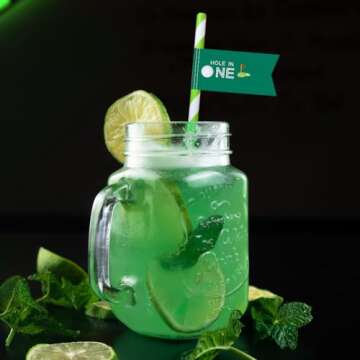 VOWFOO Golf Themed Birthday Party Straw Decor, 20 PCS Hole In One 1st Birthday Disposable Paper Cocktail Drinking Straw With Flag Tag for Baby 1st Birthday Party Decorations (Green Hole In 1)