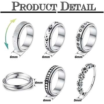 FUNRUN JEWELRY 6Pcs Stainless Steel Fidget Anxiety Ring for Women Men Fidget Spinner Rings Moon Star...