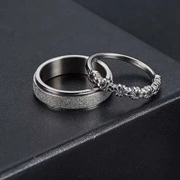 FUNRUN JEWELRY 6Pcs Stainless Steel Fidget Anxiety Ring for Women Men Fidget Spinner Rings Moon Star Celtic Stress Relieving Spinning Ring Wedding Band Rings Set Size 6