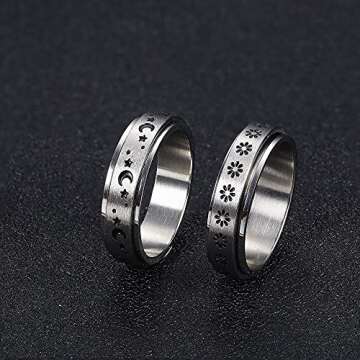 FUNRUN JEWELRY 6Pcs Stainless Steel Fidget Anxiety Ring for Women Men Fidget Spinner Rings Moon Star Celtic Stress Relieving Spinning Ring Wedding Band Rings Set Size 6