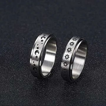 FUNRUN JEWELRY 6Pcs Stainless Steel Fidget Anxiety Ring for Women Men Fidget Spinner Rings Moon Star Celtic Stress Relieving Spinning Ring Wedding Band Rings Set Size 6