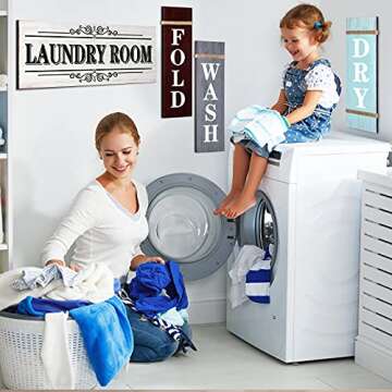 Jetec 4 Pieces Home Vintage Laundry Room Canvas Wall Art Laundry Rules Prints Signs Framed Rustic Bathroom Room Decor Retro Wash Wall Art for Home Hanging Decor Door(Dark Grey, Blue, Brown)