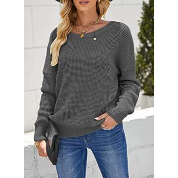 Asvivid Cut Out Backless Pullover Sweaters for Women Criss Cross Sweaters Round Neck Pullover Winter Warm Loose Grey Ladies Sweater L