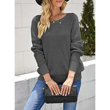 Asvivid Cut Out Backless Pullover Sweaters for Women Criss Cross Sweaters Round Neck Pullover Winter Warm Loose Grey Ladies Sweater L