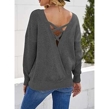 Asvivid Cut Out Backless Pullover Sweaters for Women Criss Cross Sweaters Round Neck Pullover Winter Warm Loose Grey Ladies Sweater L