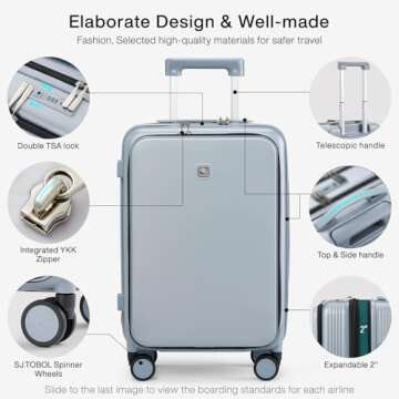 Hanke Grace Expandable Suitcases with Wheels Hardshell Carry On Luggage Airline Approved, 20 Inch Travel Suitcase Lightweight Tsa Luggage for Short Business Trips, Grey.