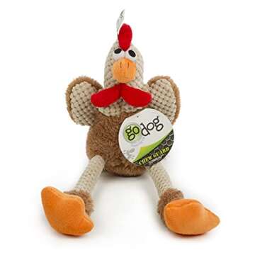 goDog Checkers Skinny Rooster Squeaky Plush Dog Toy, Chew Guard Technology - Brown, Small