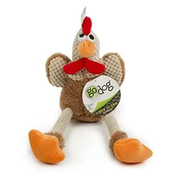 goDog Checkers Skinny Rooster Squeaky Plush Dog Toy, Chew Guard Technology - Brown, Small