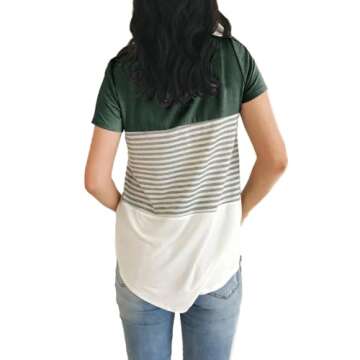 YunJey Short Sleeve Round Neck Triple Color Block Stripe T-Shirt – Chic & Comfy Casual Blouse in G...