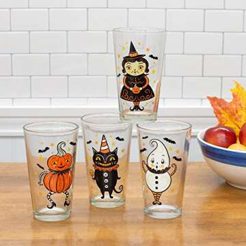 Johanna Parker Folk Art Halloween Glass Tumblers 16 Ounce Set of 4