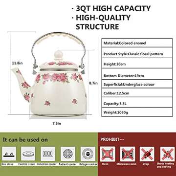 Tea Kettle Pot for Stove Top,Porcelain Large Enamel Teakettle,3.3L Colorful Teapot Floral Ceramic fo...