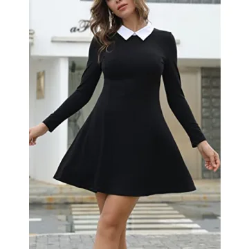 Aphratti Women's Long Sleeve Fall Dresses 2024 Casual Peter Pan Collar A Line Fit and Flare Skater Goth Dress Black Medium