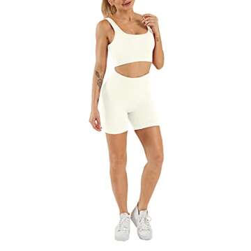 Basic Faith Gym Sets for Women 2 Piece Sports Bra Sexy Outfit Elastic High Waist Shorts Workout Sets Ribbed Yoga Athleisure Sweatsuit White S
