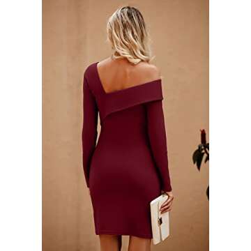 PRETTYGARDEN Women's 2022 Off Shoulder Bodycon Dresses Asymmetrical Neck Long Sleeve Backless Fall Dress (Wine Red,Small)