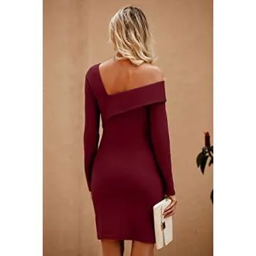 PRETTYGARDEN Women's 2022 Off Shoulder Bodycon Dresses Asymmetrical Neck Long Sleeve Backless Fall Dress (Wine Red,Small)