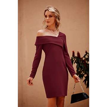 PRETTYGARDEN Women's 2022 Off Shoulder Bodycon Dresses Asymmetrical Neck Long Sleeve Backless Fall Dress (Wine Red,Small)