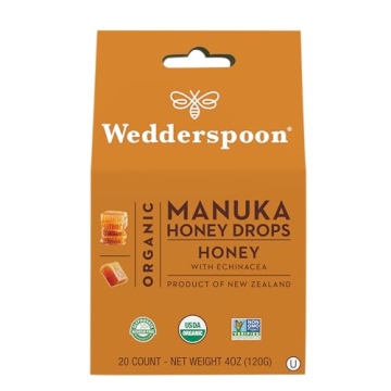 Wedderspoon Organic Manuka Honey Drops, Honey & Echinacea, 20 Count | Genuine New Zealand Honey