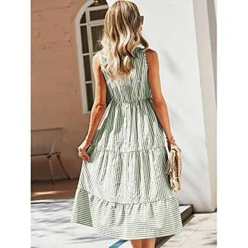 BROVAVE Womens 2025 Summer Sleeveless Shirt Dress Collar Striped V Neck Casual Midi Dresses(Green, S)