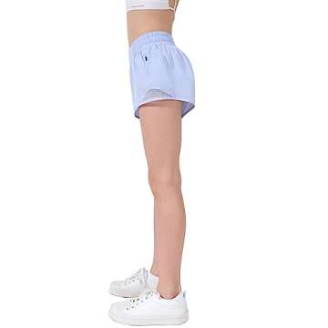 Aurefin Girls Athletic Shorts, Lightweight Running Shorts for Teen Girls Kids Sports Active Shorts with Zip Pocket and Elastic Pastel Blue/M