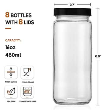 [ 8 Pack ] Glass Juicing Bottles with 2 Straws & 2 Lids w Hole- 16 OZ Travel Drinking Jars, Water Cu...